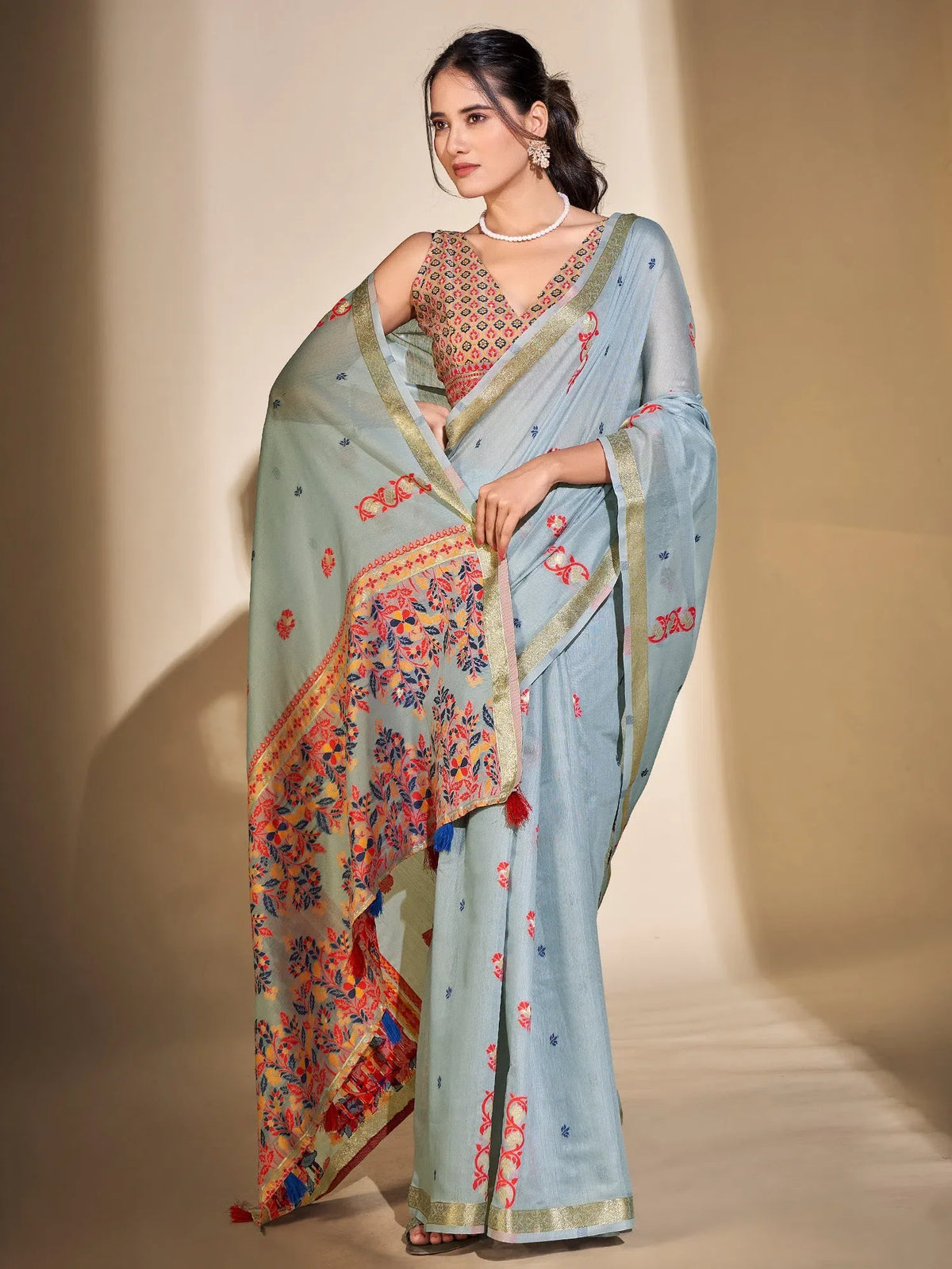 Women's Cotton Blend Light Blue Woven Design Designer Saree With Blouse Piece-PRISA135903