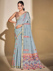 Women's Cotton Blend Light Blue Woven Design Designer Saree With Blouse Piece-PRISA135903