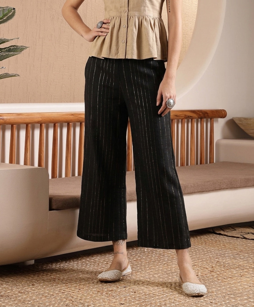 Women's Black Woven Design Cotton Blend Trousers (PTBLACKHUMMER) | Des