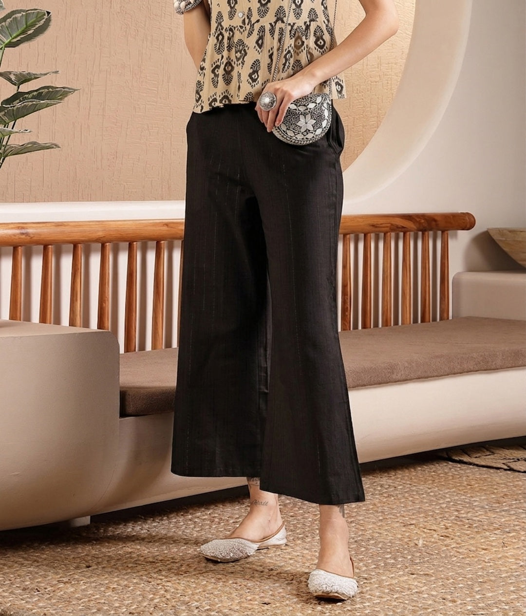 Women's Black Woven Design Cotton Blend Trousers (PTBLACKHUMMER) | Des