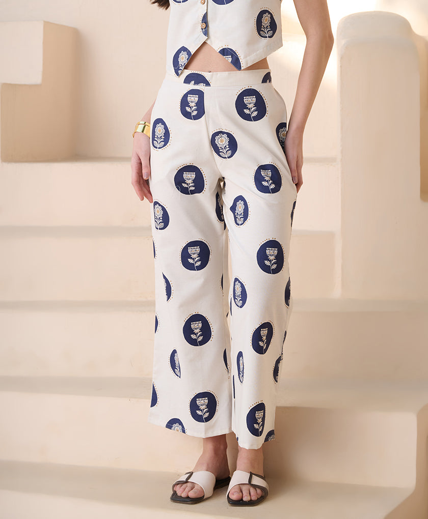 Women's Blue Botanical Printed Cotton Blend Trousers (PTBLUEIGNISH) | 