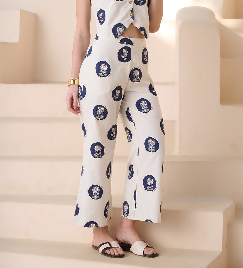 Women's Blue Botanical Printed Cotton Blend Trousers (PTBLUEIGNISH) | 