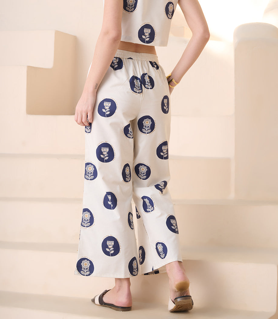Women's Blue Botanical Printed Cotton Blend Trousers (PTBLUEIGNISH) | 