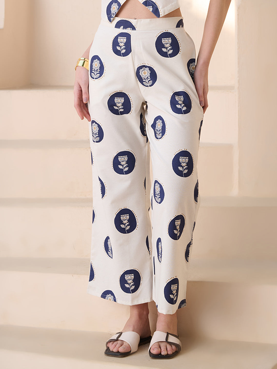 Women's Blue Botanical Printed Cotton Blend Trousers (PTBLUEIGNISH) | 
