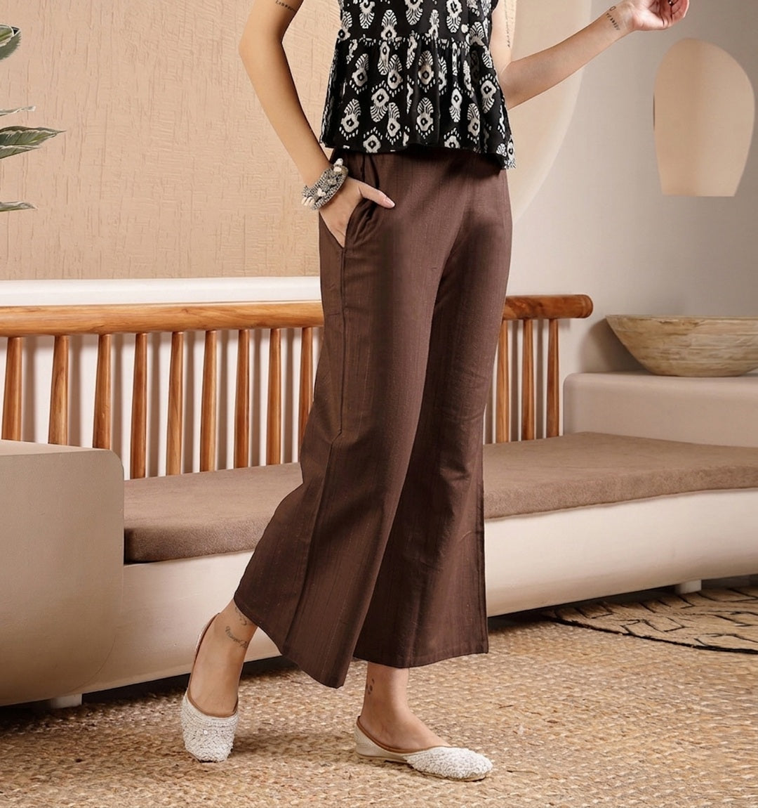 Women's Brown Woven Design Cotton Blend Trousers (PTBROWNHUMMER) | Des