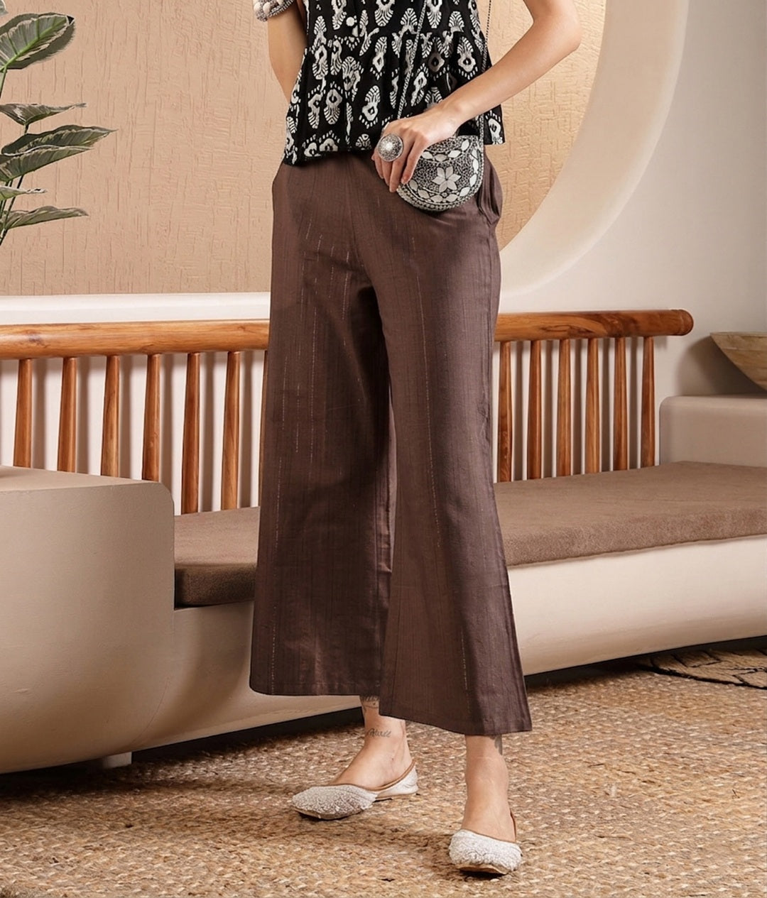 Women's Brown Woven Design Cotton Blend Trousers (PTBROWNHUMMER) | Des
