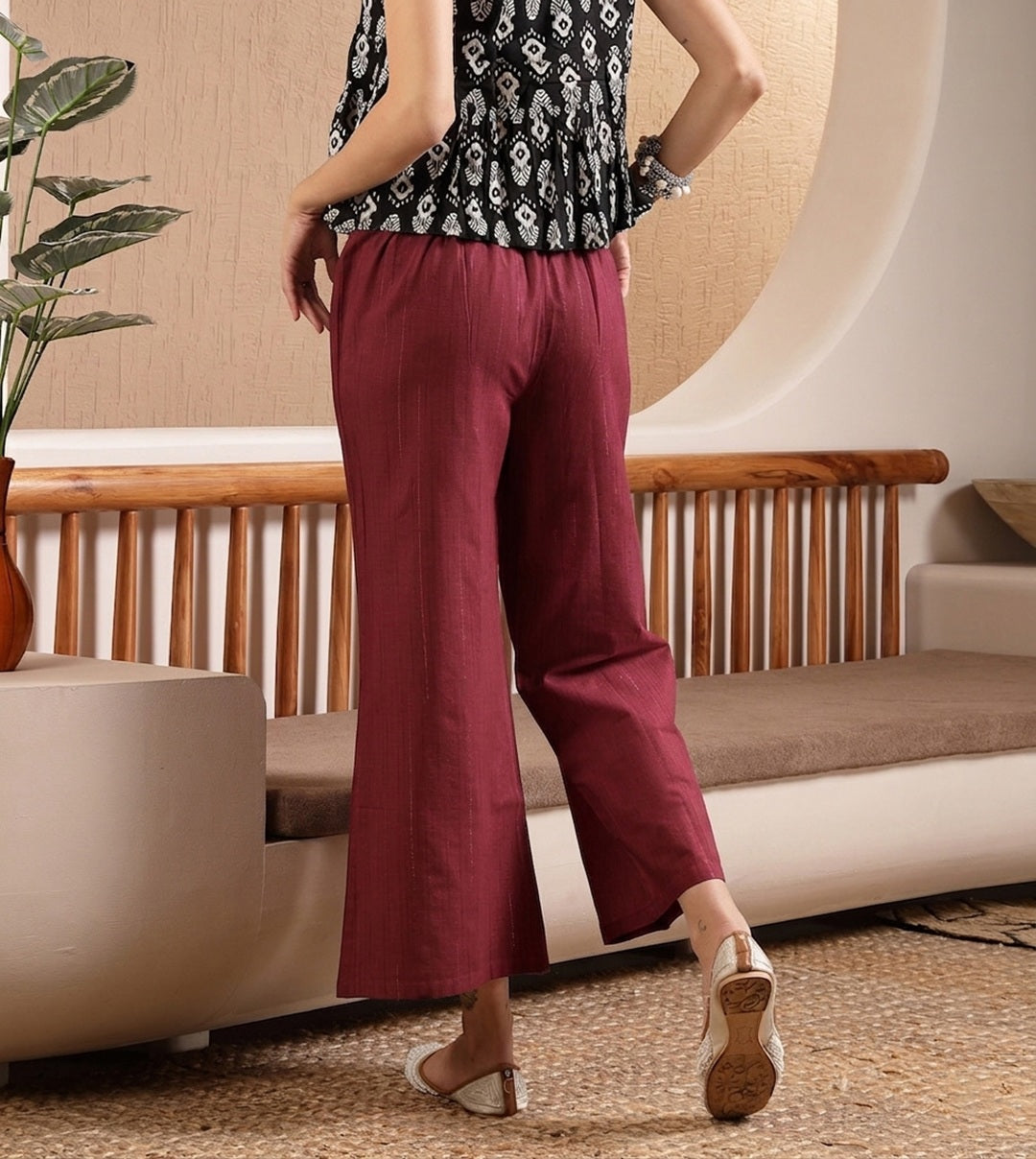 Women's Maroon Woven Design Cotton Blend Trousers (PTMAROONHUMMER) | D