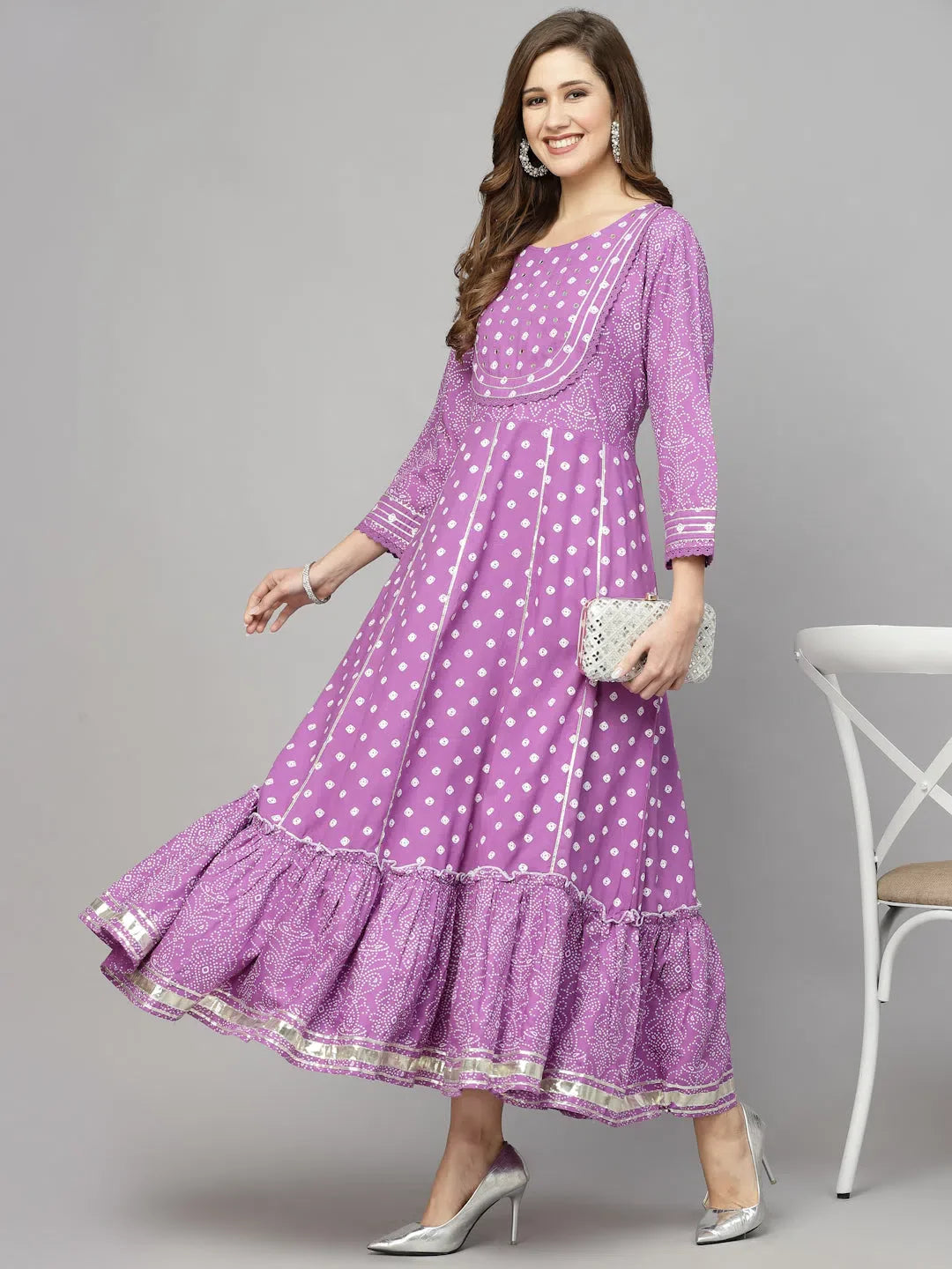 Purple Bandhani Anarkali Kurta - Handwork Rayon Kurti for Women