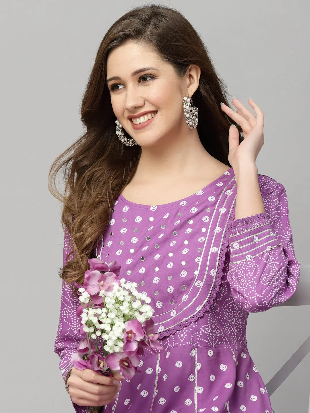 Purple Bandhani Anarkali Kurta - Handwork Rayon Kurti for Women
