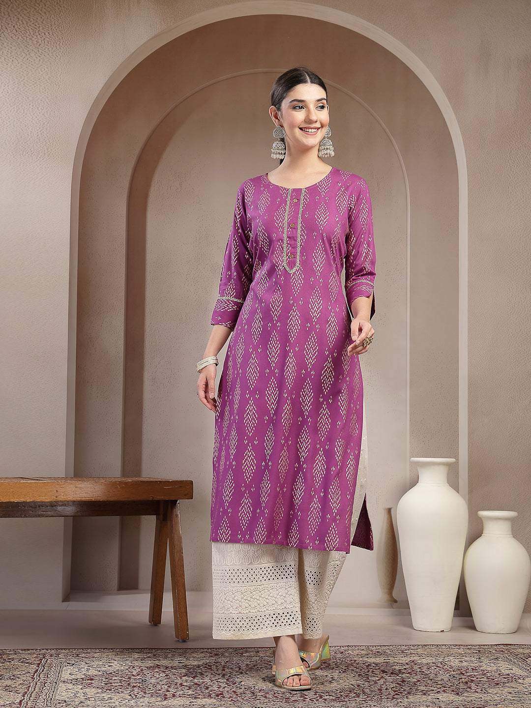 Stylum Women's Purple Ikat Printed Rayon A-line Kurta (PURPLEGUCHI)