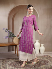 Stylum Women's Purple Ikat Printed Rayon A-line Kurta (PURPLEGUCHI)