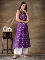 Women's Bandhej Printed Cotton Flared Kurta-PURPLESANVI