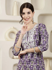 Women's Purple Printed & Embroidered Rayon Straight Chicken Kurta-PURPLETONY