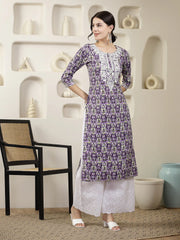 Women's Purple Printed & Embroidered Rayon Straight Chicken Kurta-PURPLETONY
