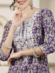 Women's Purple Printed & Embroidered Rayon Straight Chicken Kurta-PURPLETONY