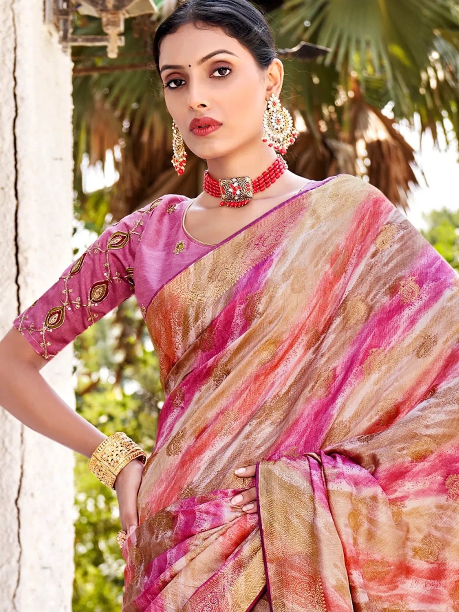 Pink Woven Polyester Saree | Designer Sarees India