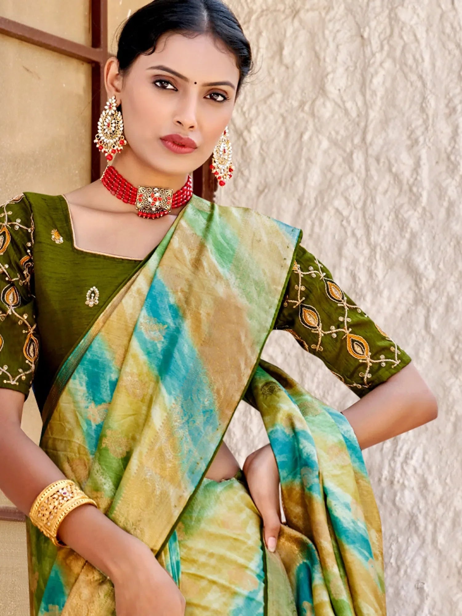 Light Green Polyester Saree | Indian Sari with Blouse