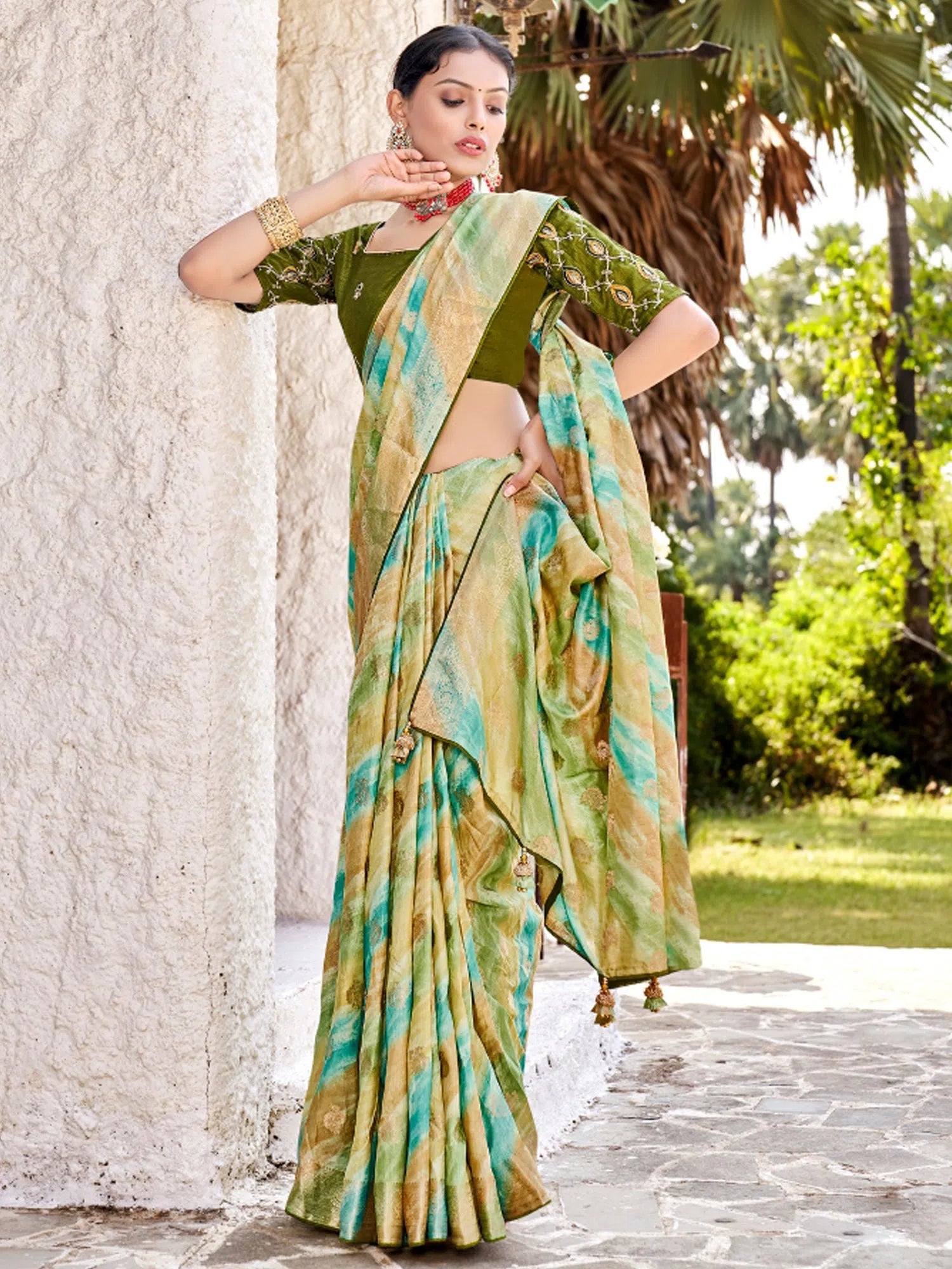 Light Green Polyester Saree | Indian Sari with Blouse