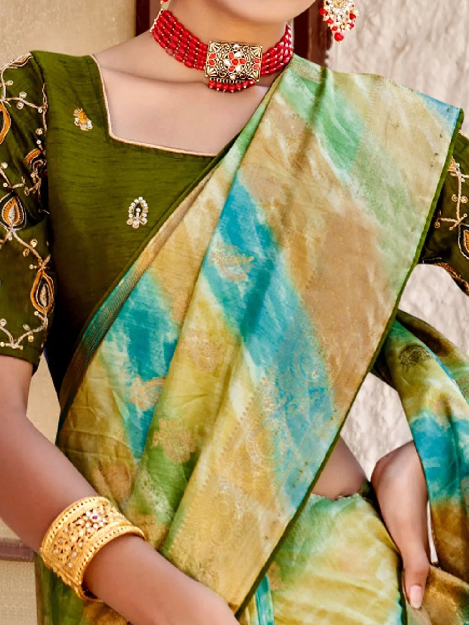 Light Green Polyester Saree | Indian Sari with Blouse