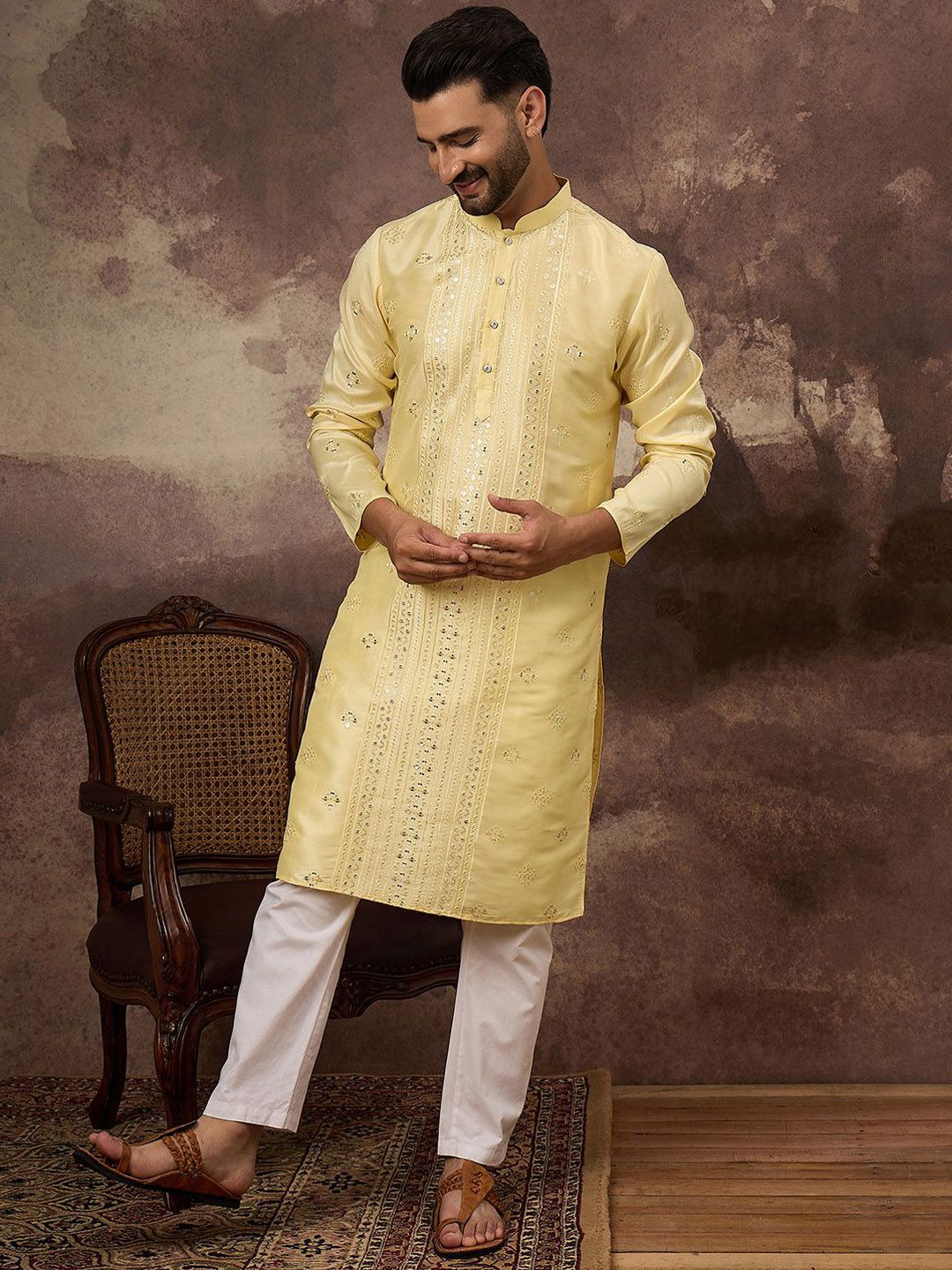 Ethnic Bay Men Yellow Silk Blend Solid Embroidered Straight Kurta With Pant Set-MKSET1364