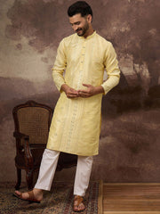 Ethnic Bay Men Yellow Silk Blend Solid Embroidered Straight Kurta With Pant Set-MKSET1364