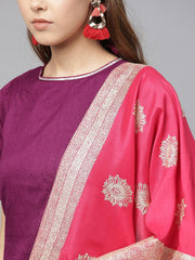 Women's Purple Poly Silk Solid Red Printed Sharara Set With Dupatta-AHKUDUGH-Combo-98