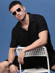 Men Black Cuban Collar Solid Co Ords Set-Pahel-3359-Black
