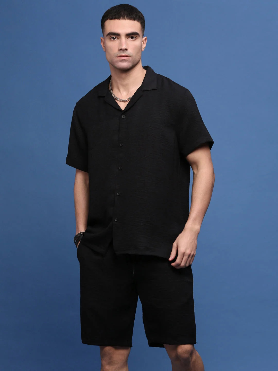 Black Cuban Collar Co Ord Sets for Men | Solid Cotton Outfit