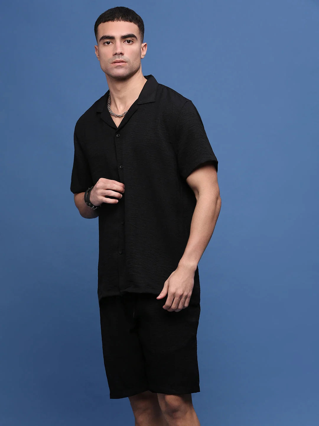 Black Cuban Collar Co Ord Sets for Men | Solid Cotton Outfit