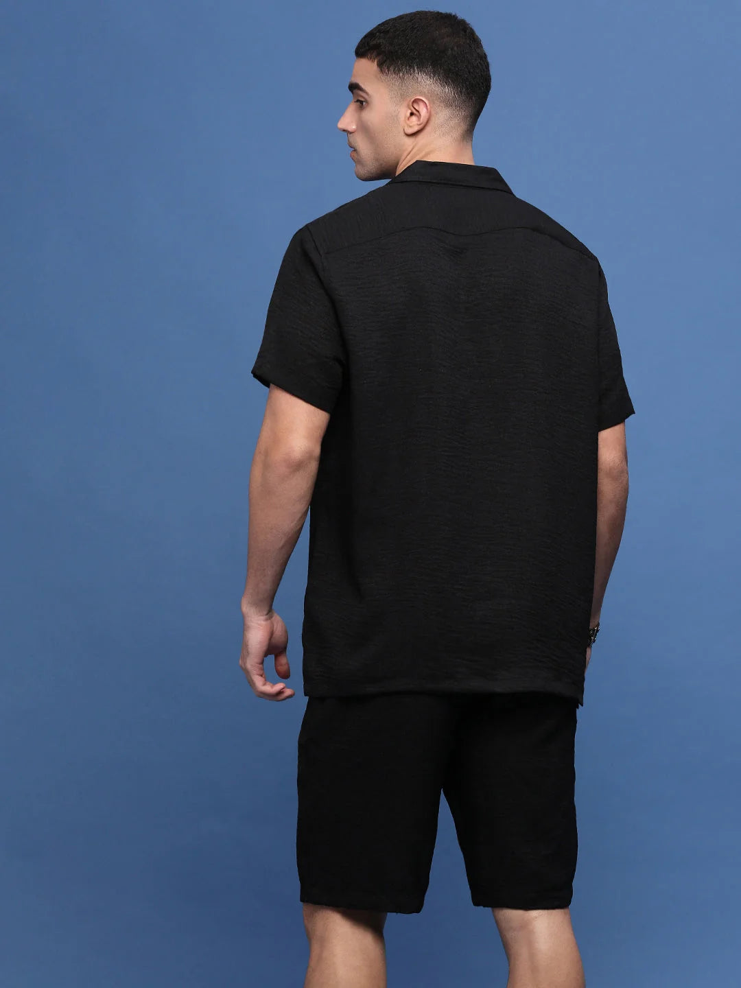 Black Cuban Collar Co Ord Sets for Men | Solid Cotton Outfit