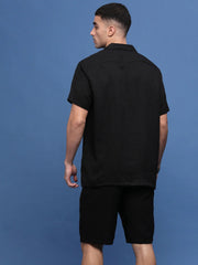 Men Black Cuban Collar Solid Co Ords Set-Pahel-3359-Black