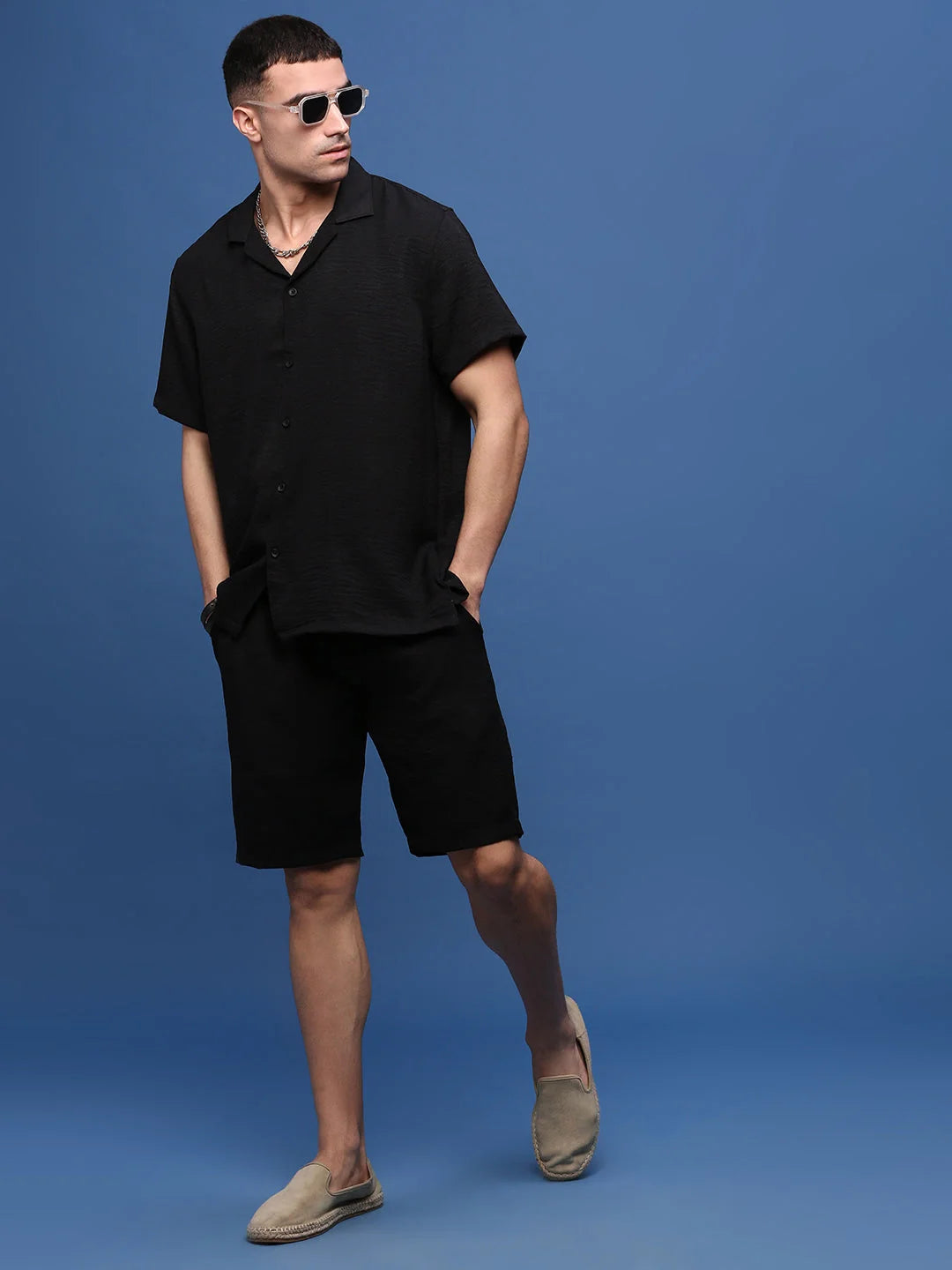 Black Cuban Collar Co Ord Sets for Men | Solid Cotton Outfit