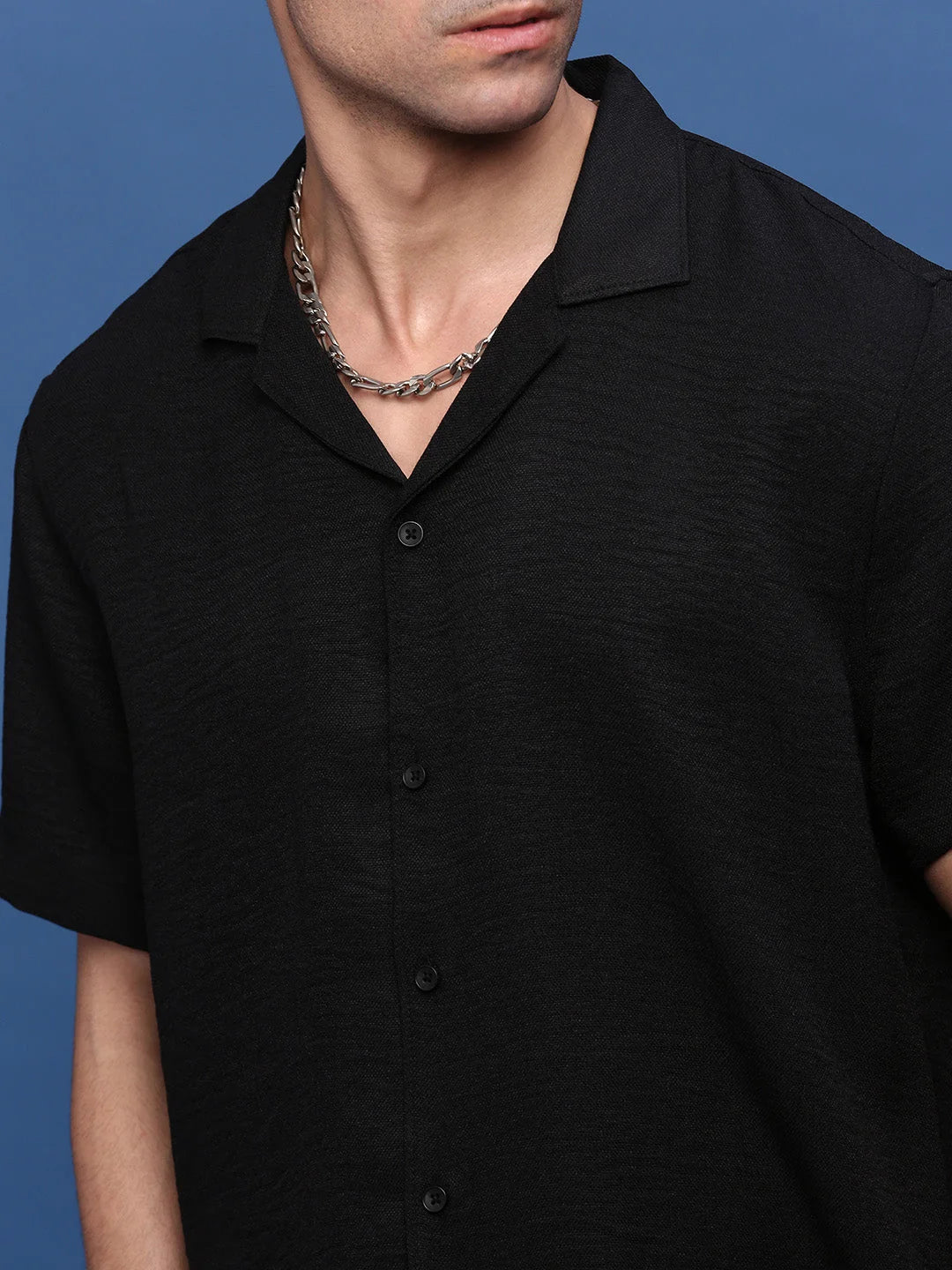 Black Cuban Collar Co Ord Sets for Men | Solid Cotton Outfit