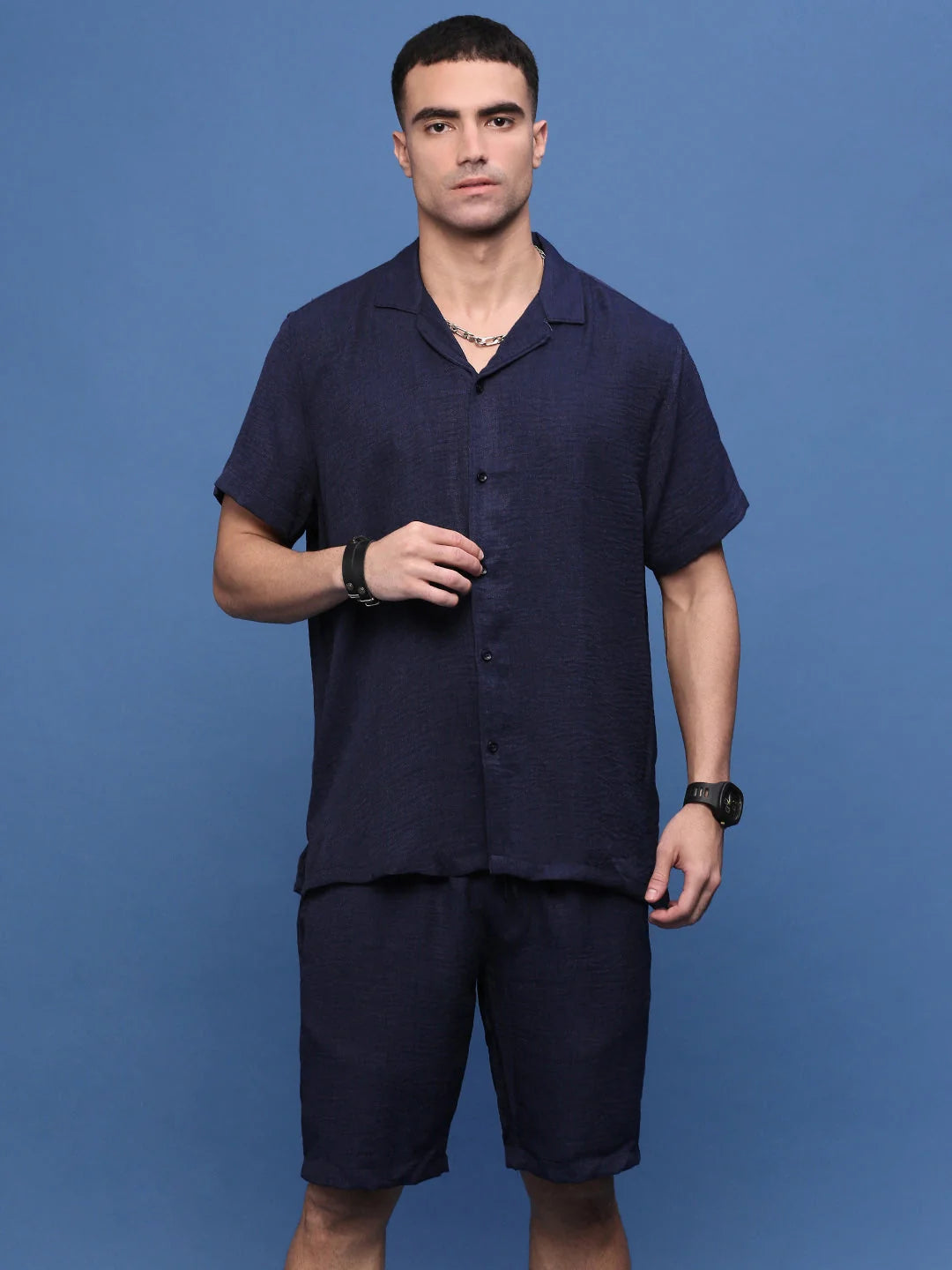 Navy Blue Mens Co Ords Set | Cuban Collar | Two Piece Sets