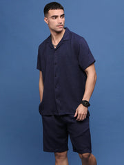 Men Navy Blue Cuban Collar Solid Co Ords Set-Pahel-3360-Navyblue