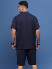 Men Navy Blue Cuban Collar Solid Co Ords Set-Pahel-3360-Navyblue