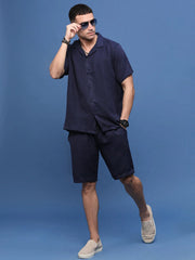 Men Navy Blue Cuban Collar Solid Co Ords Set-Pahel-3360-Navyblue