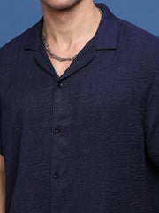 Men Navy Blue Cuban Collar Solid Co Ords Set-Pahel-3360-Navyblue