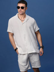Men White Cuban Collar Solid Co Ords Set-Pahel-3362-White