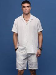 Men White Cuban Collar Solid Co Ords Set-Pahel-3362-White