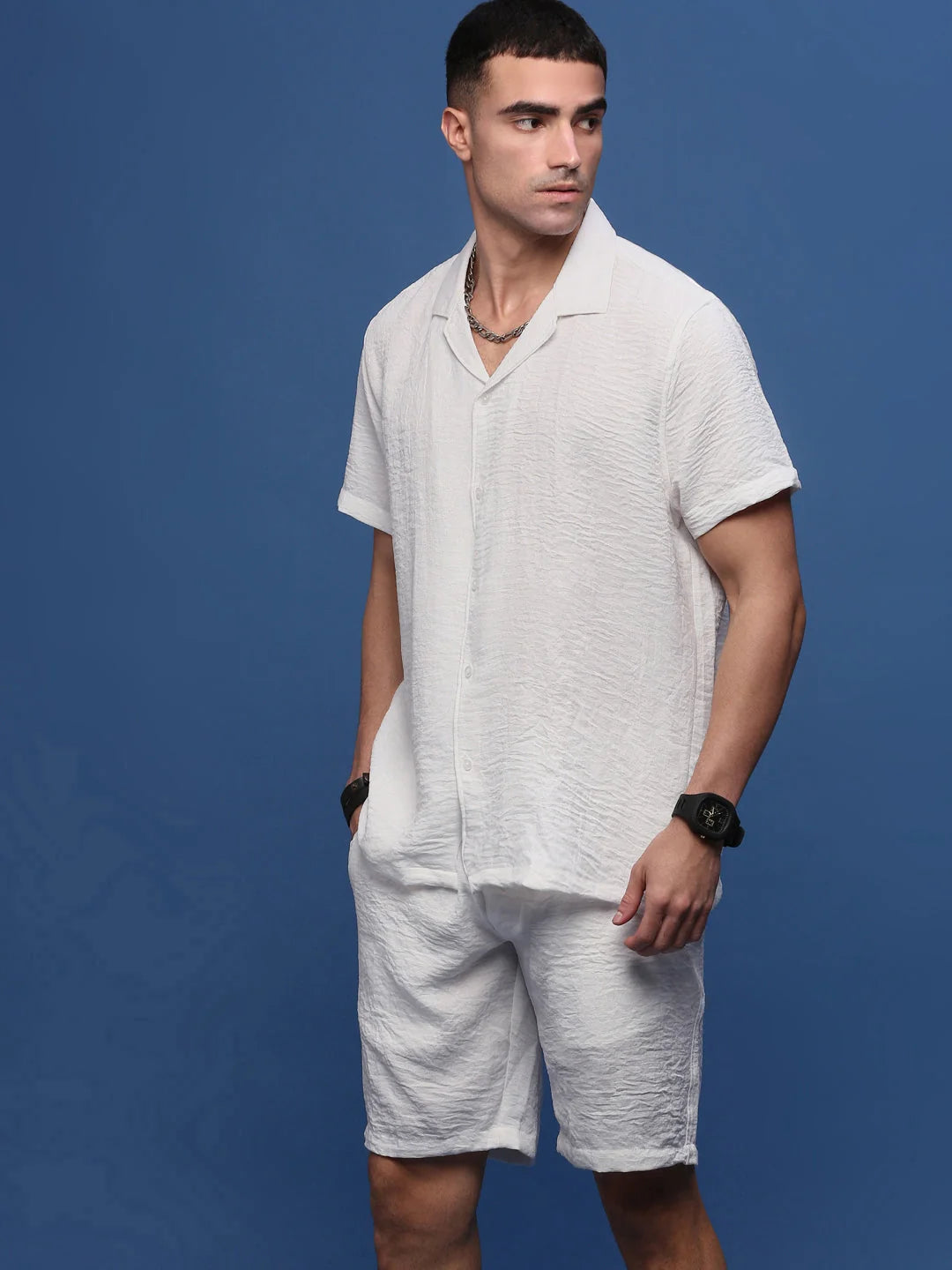 Men's White Solid Co Ord Set | Cuban Collar Cotton Outfit