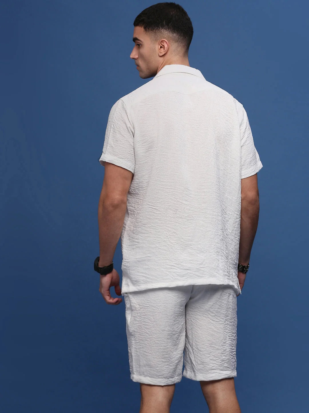Men's White Solid Co Ord Set | Cuban Collar Cotton Outfit