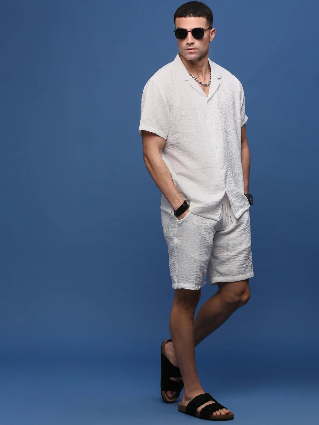 Men's White Solid Co Ord Set | Cuban Collar Cotton Outfit