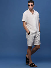 Men White Cuban Collar Solid Co Ords Set-Pahel-3362-White