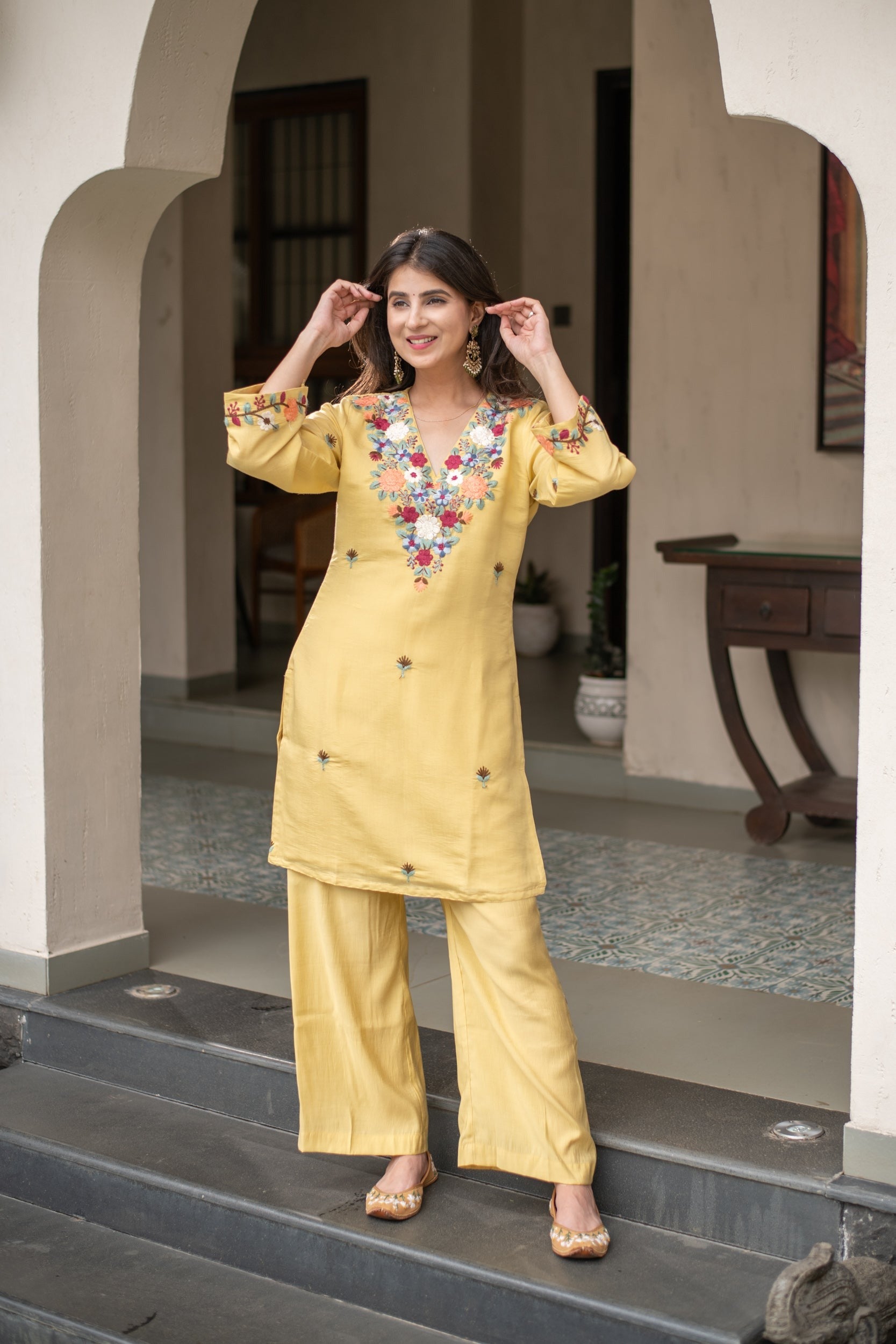 Crepe Kurta Set for Women - Yellow | MLWSHKS8915YLW | DesiQlo