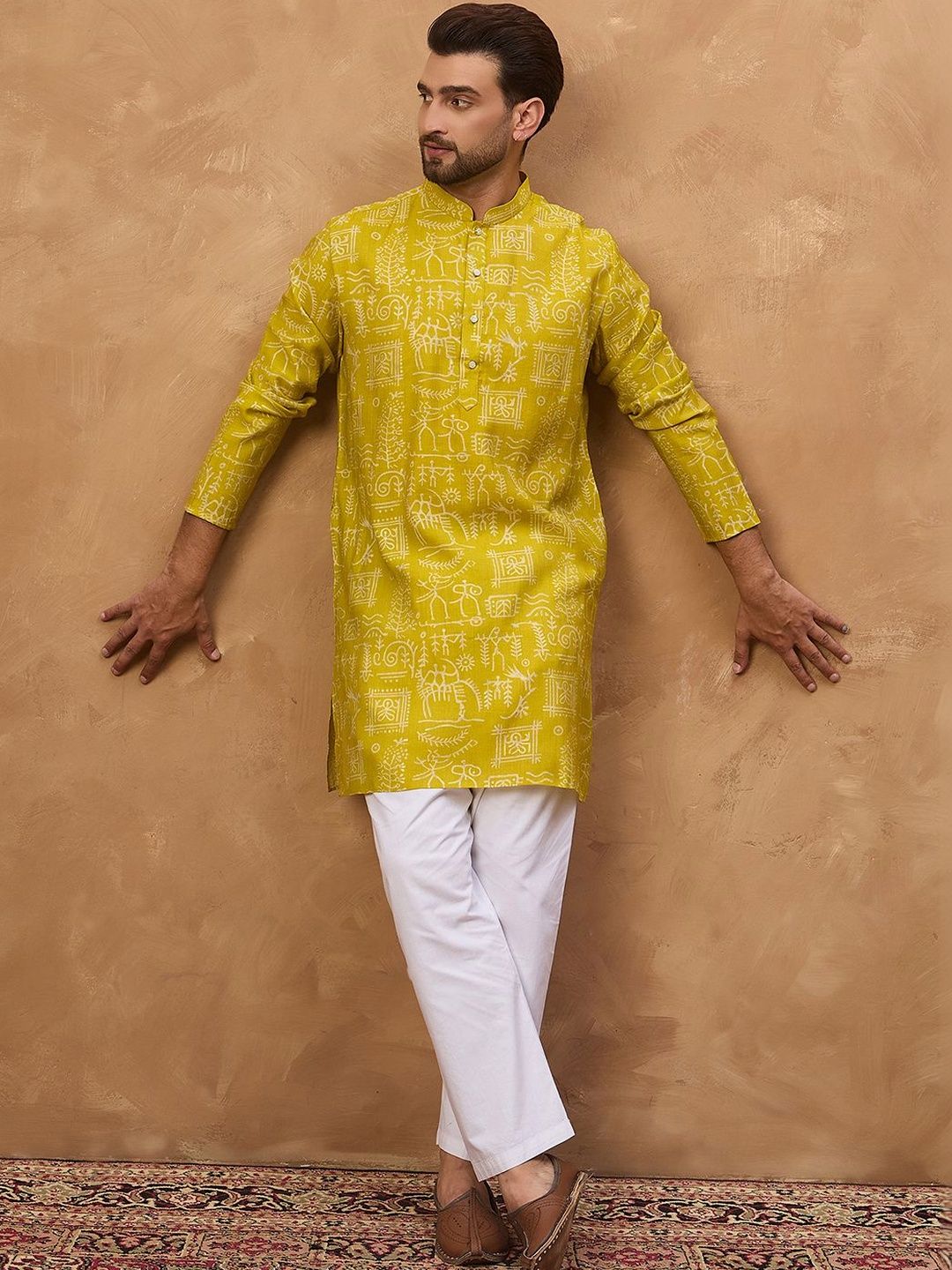 Ethnic Bay Men Yellow Viscose Rayon Ethnic Motifs Printed Straight Kurta With Pant Set-MKSET1542