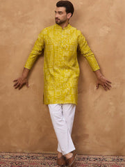 Ethnic Bay Men Yellow Viscose Rayon Ethnic Motifs Printed Straight Kurta With Pant Set-MKSET1542