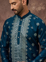 Ethnic Bay Men Blue Silk Blend Solid Embroidered Straight Kurta With Pant Set-MKSET1371