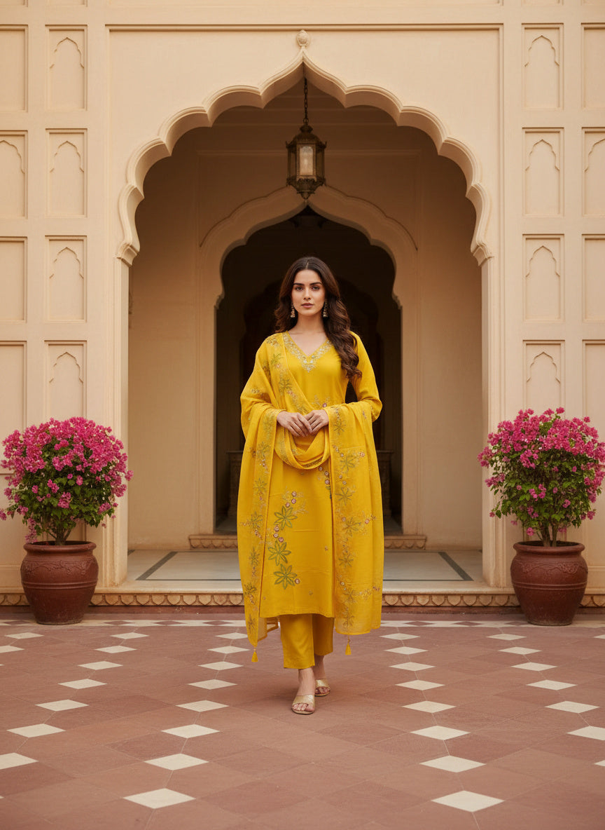 Cotton Blend Kurta Set for Women - Yellow | MLWSHKS9290YLW