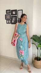 Floral Printed Panelled Gotta Patti Kurta with Trousers-AHKUPT-COMBO-885